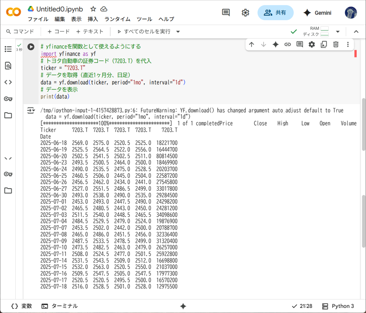 Python yfinance 使用 - Pythonで株価予測してみる！