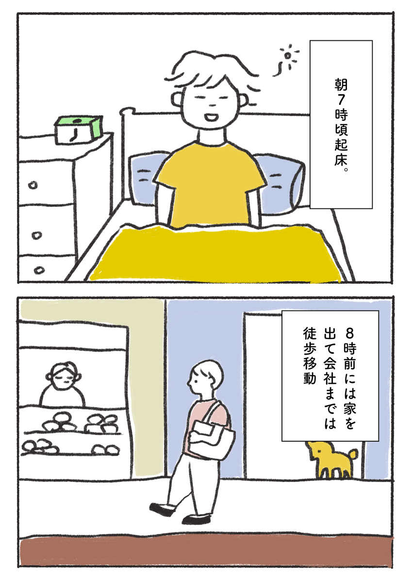 朝7時頃起床。8時前には家を 出て会社までは 徒歩移動