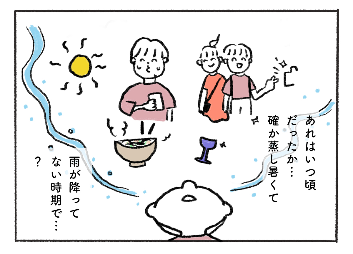 あれはいつ頃 だったか… 確か蒸し暑くて。雨が降って ない時期で… ？