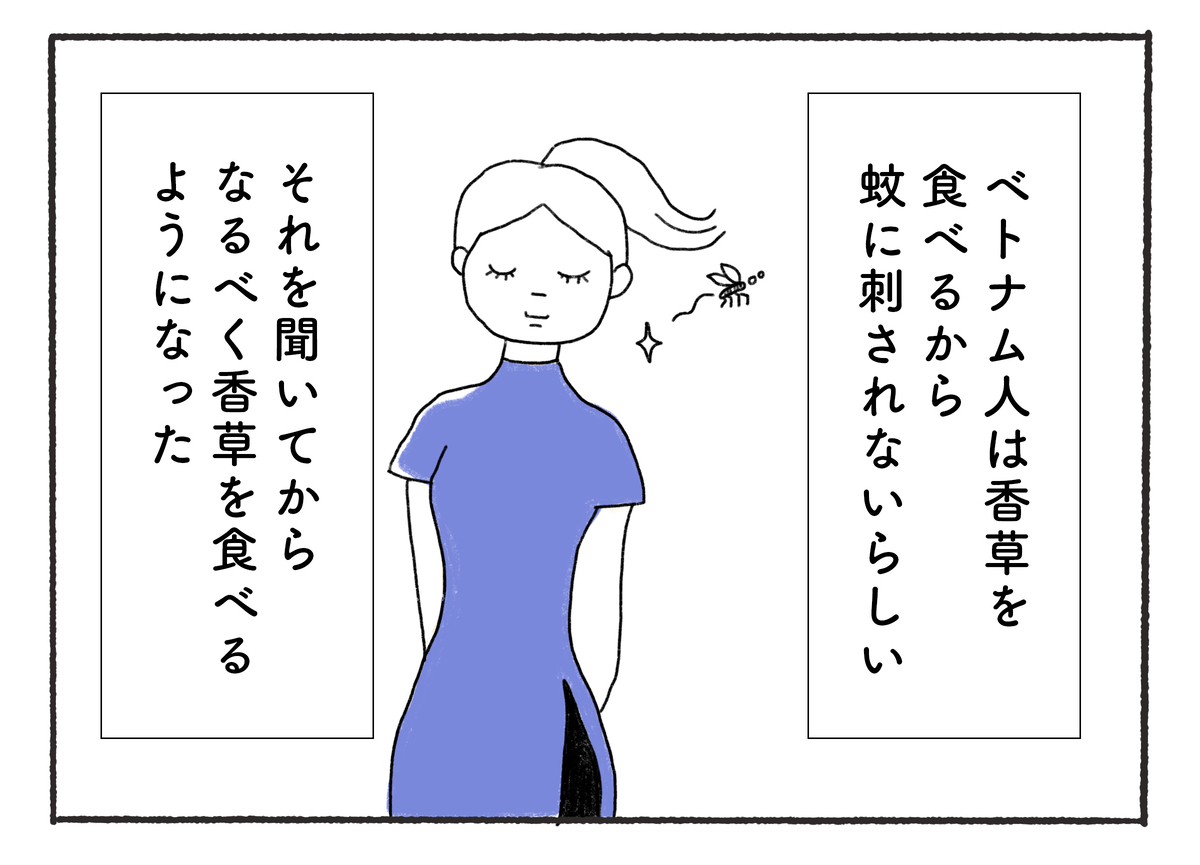 ベトナム人は香草を食べるから蚊に刺されないらしい。それを聞いてからなるべく香草を食べるようになった