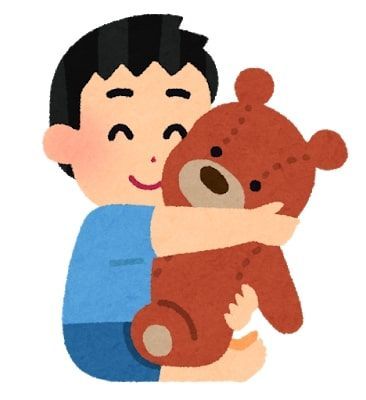男の子がくまのぬいぐるみを抱きしめているイラスト。