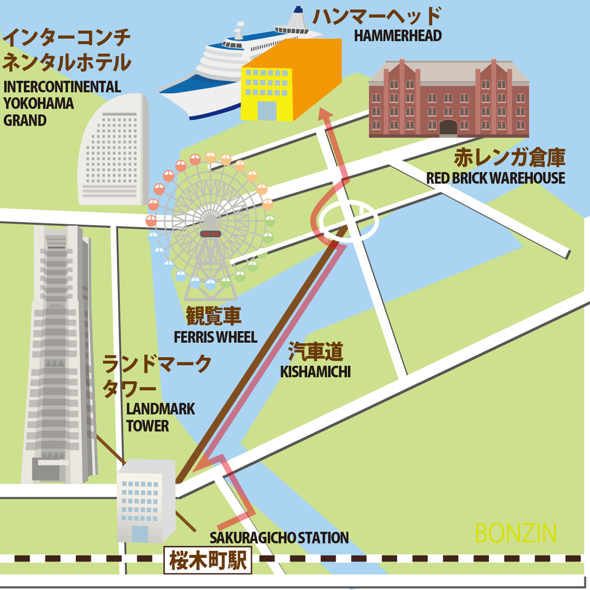 桜木町駅からハンマーヘッドまでの地図