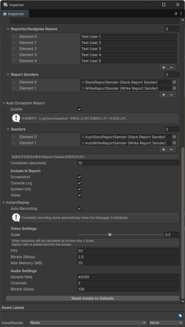 DebuggerSettings の Inspector 下半分。Report Senders、Auto Exception Report、InstantReplay の各セクションが並ぶ