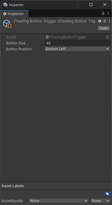 FloatingButtonTrigger の Inspector。Button Size と初期位置（Button Position）のみのシンプルな設定