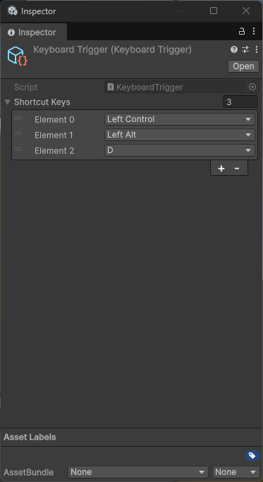 KeyboardTrigger の Inspector。Shortcut Keys 配列で組み合わせを設定（既定は Left Ctrl + Left Alt + D）