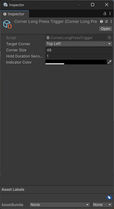 CornerLongPressTrigger の Inspector。Target Corner / Corner Size / Hold Duration Seconds / Indicator Color を持つ