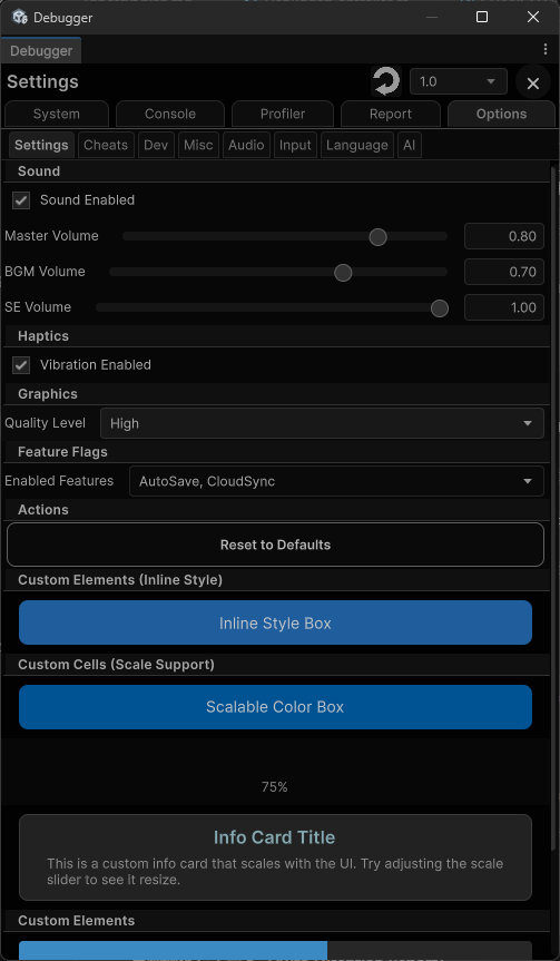 EditorWindow に表示された Spica Debugger。Options/Settings タブの複数セクションが見える