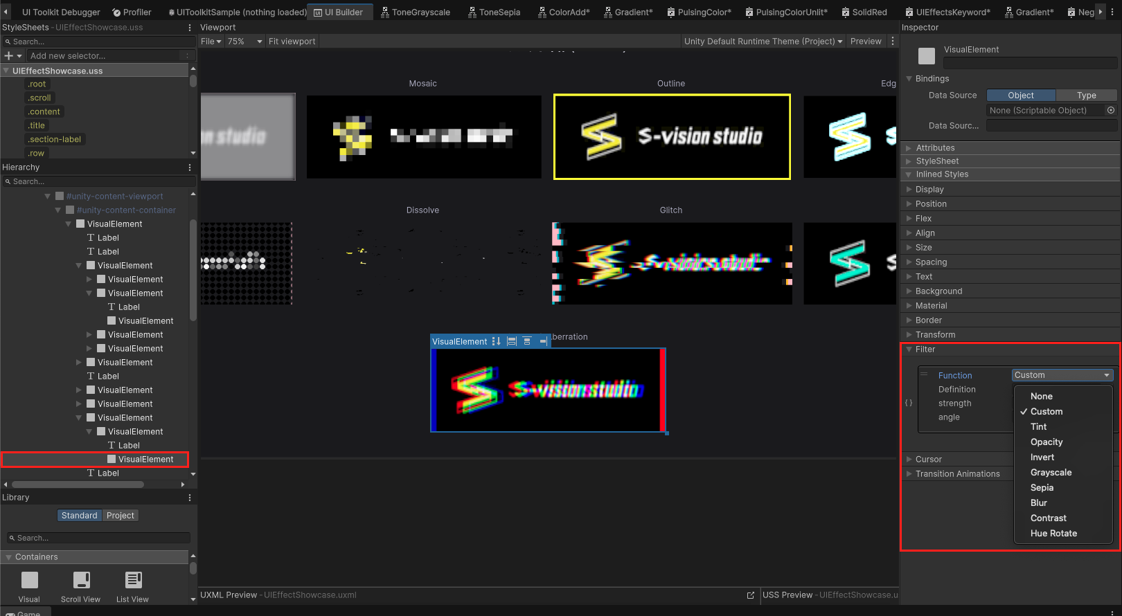 UI Builder の Inlined Styles から Filter を選択する画面