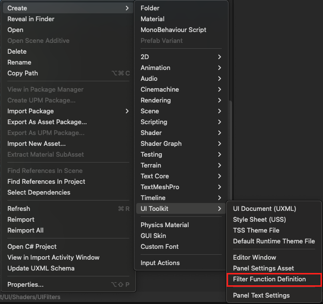 FilterFunctionDefinition アセットの生成メニュー