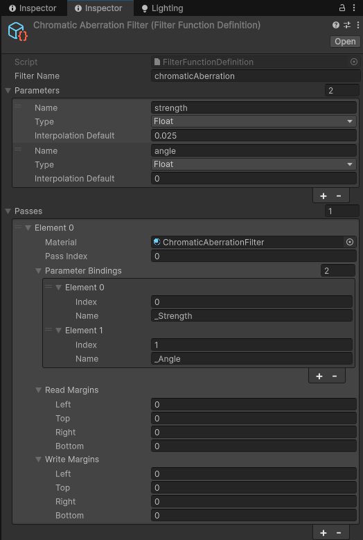 ChromaticAberrationFilter の Inspector 設定