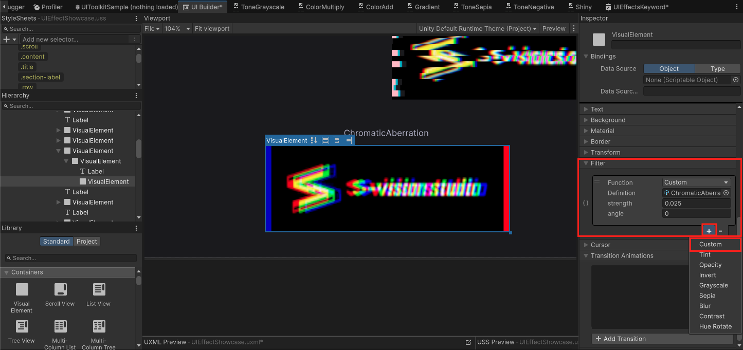UI Builder で Custom Filter を VisualElement に追加する画面