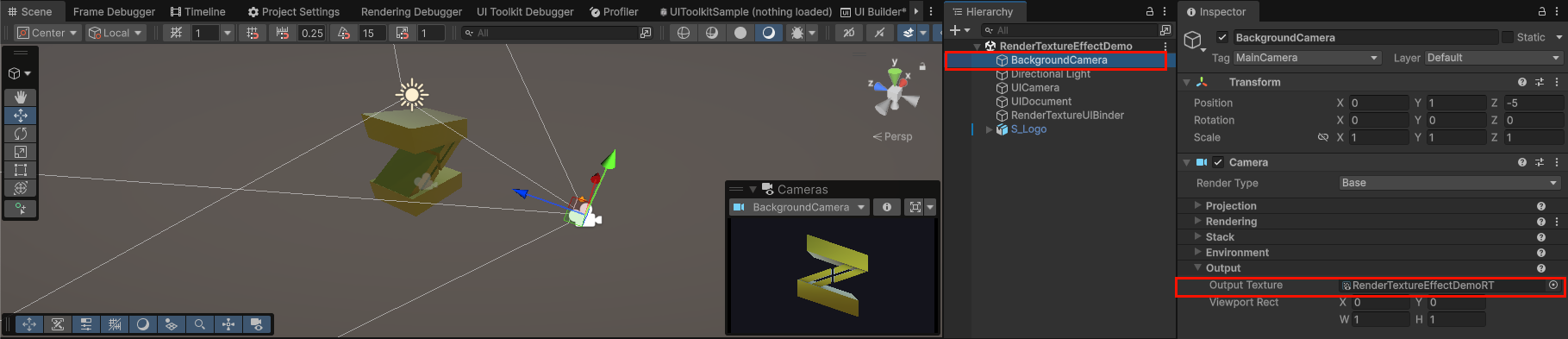 BackgroundCamera の Inspector で Output Texture に RenderTexture を割り当てる