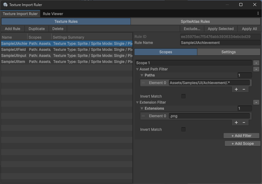 Rule Editor ウィンドウの Scopes タブ Rule Editor ウィンドウ