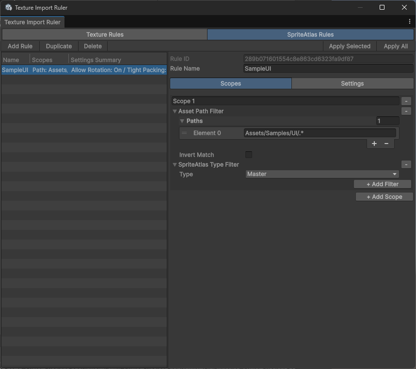 SpriteAtlas Rules の Scopes タブ SpriteAtlas Rules の Scopes タブ