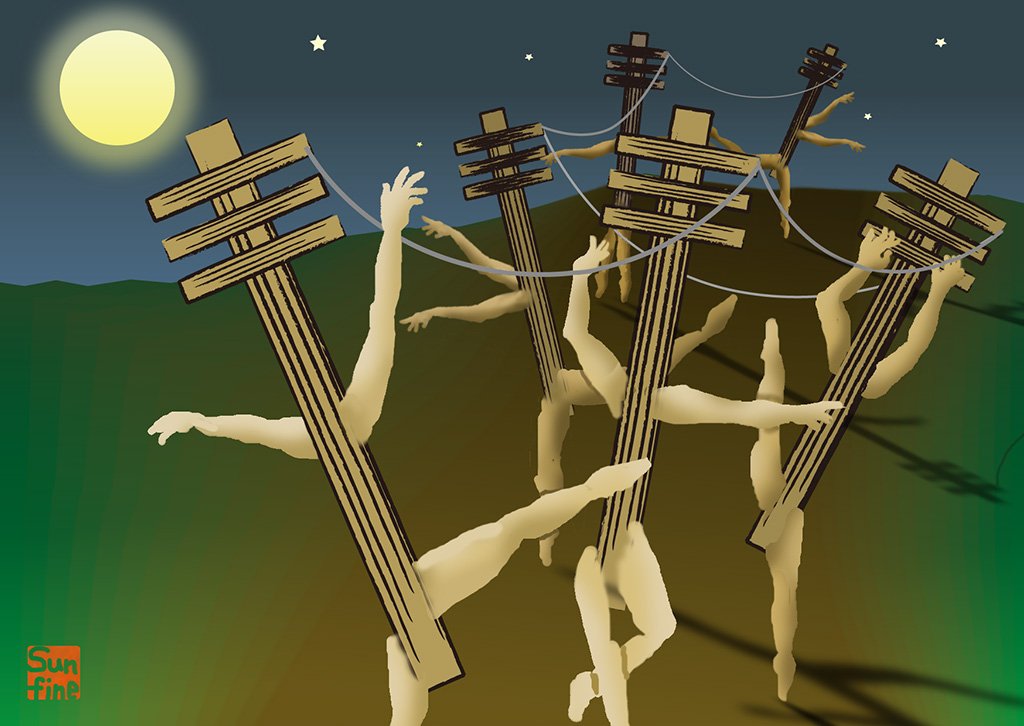月夜の踊る電信柱