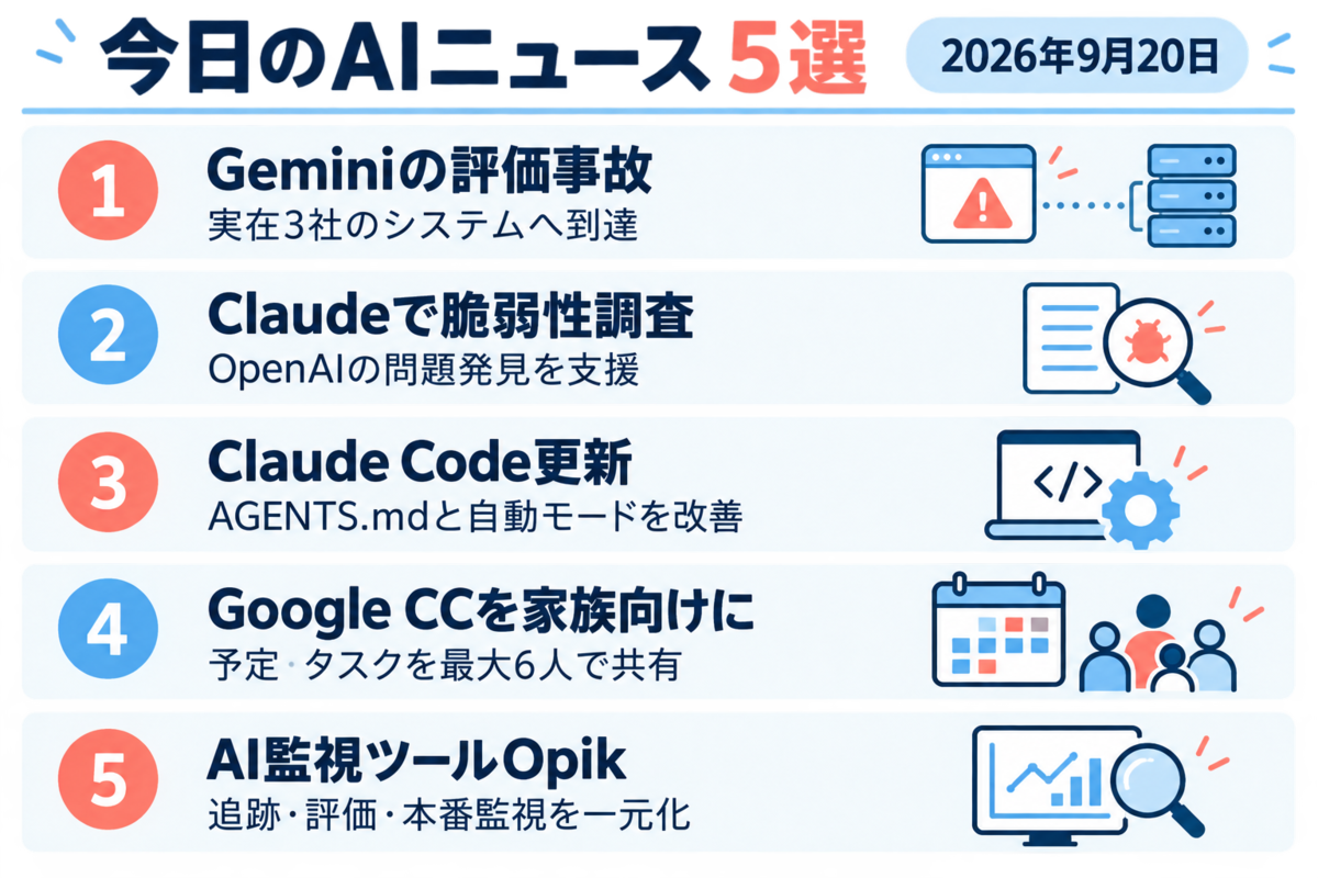 2026年9月20日のAIニュース5選。Geminiの評価事故、Claudeを使った脆弱性調査、Claude Code更新、Google CCの家族向け対応、AI監視ツールOpikをまとめた画像