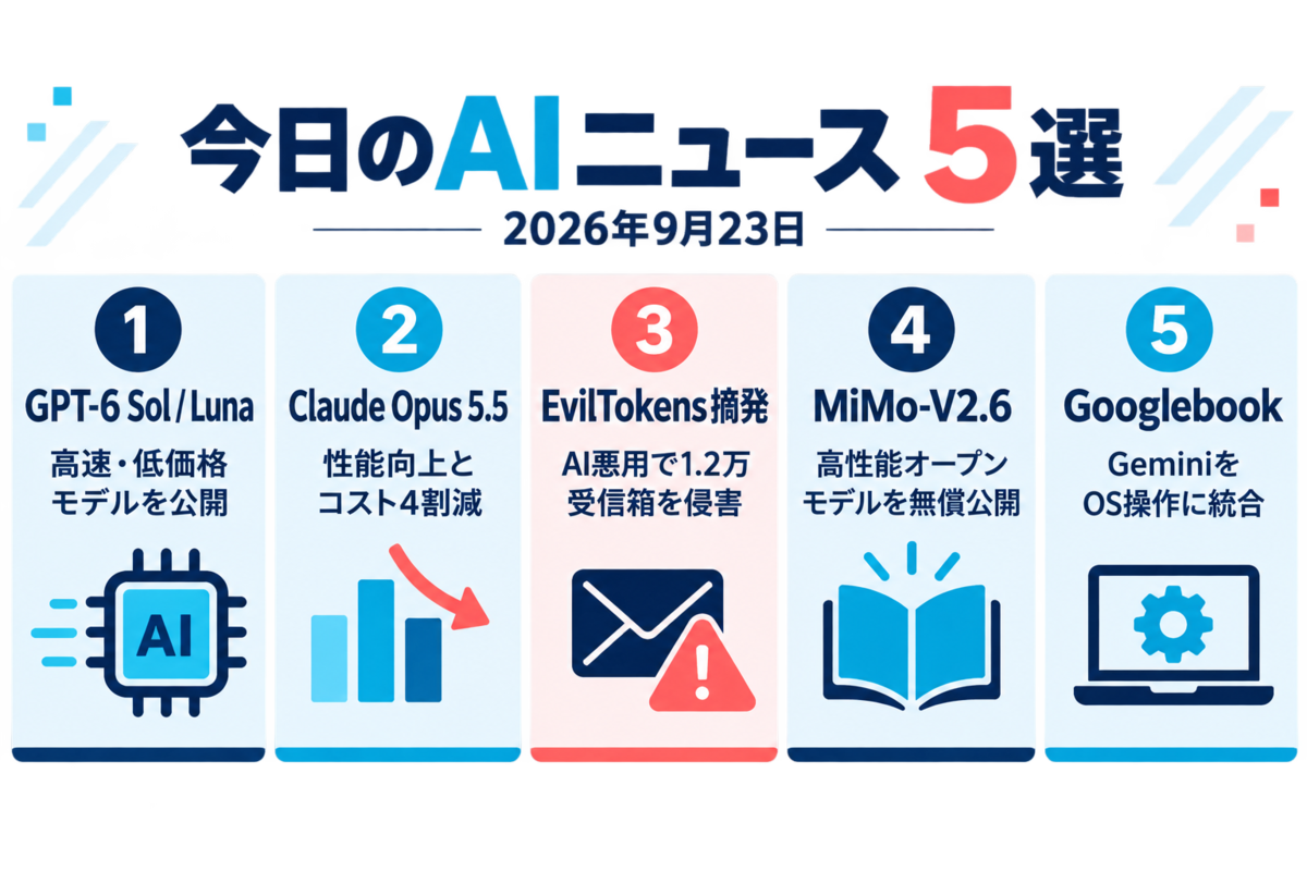 2026年9月23日のAIニュース5選。GPT-6 SolとLuna、Claude Opus 5.5、EvilTokens、MiMo-V2.6、Googlebookをまとめた画像