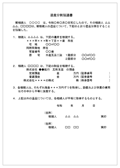 遺産分割協議書の書式例