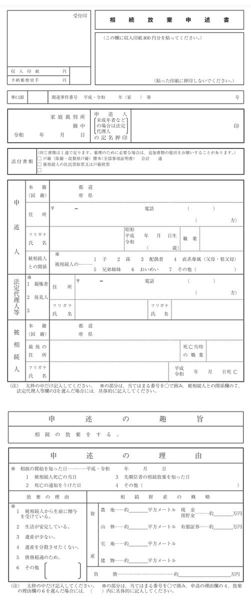 相続放棄申述書