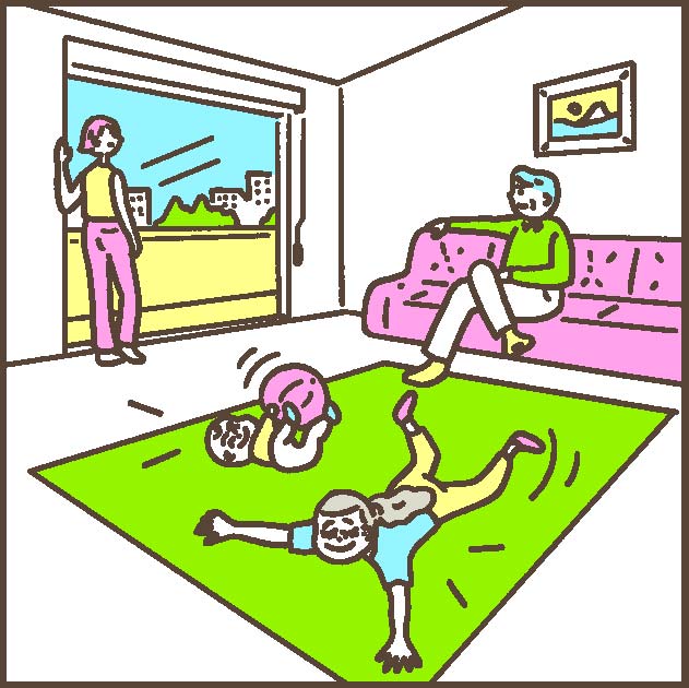 住み替え先の広いリビングでくつろぐ家族