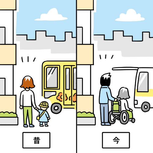 昔は幼稚園バスの停留所になっていたマンションに、今はデイサービスの車が横付けするイラスト