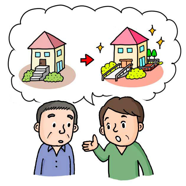 家の建て替えについて話し合う地主と借地権者のイラスト