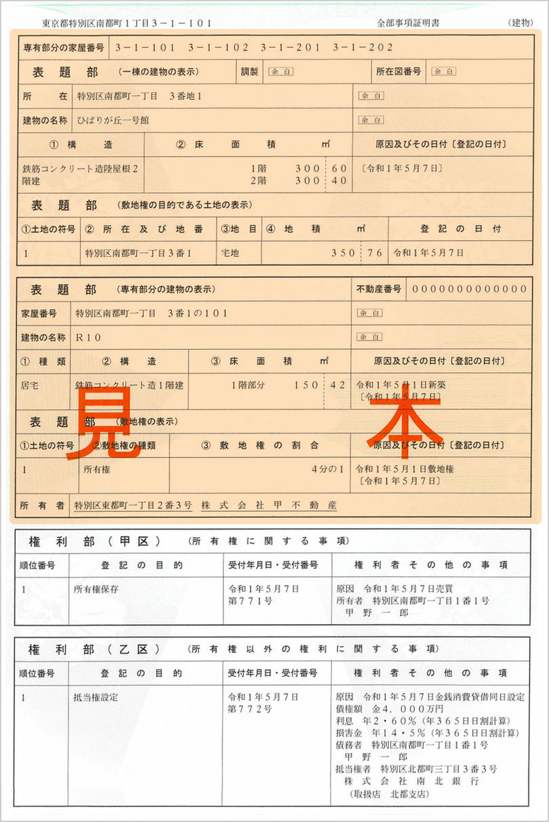 全部事項証明書（区分所有建物）見本加工画像