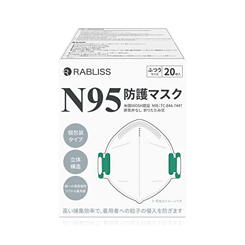 [RABLISS] 小林薬品 N95マスク 1箱20枚 米国NIOSH承認 折りたたみ型 個包装 アルミノーズクリップとスポンジノーズパッドで鼻にフィット 頭かけタイプ ストラップ調整可