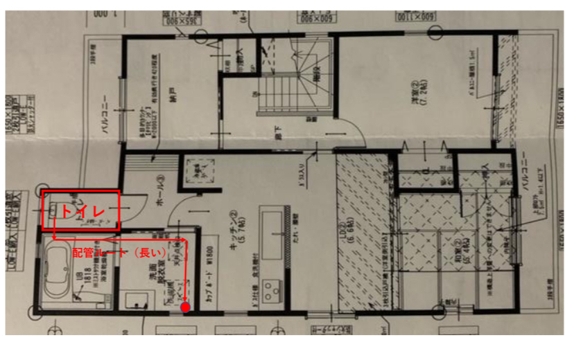 二世帯住宅 2階トイレの位置と配管ルート　図解