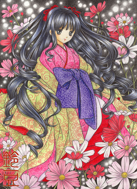 秋桜の姫」色鉛筆＆鉛筆オリジナルイラスト：一年経っても変わり映えし
