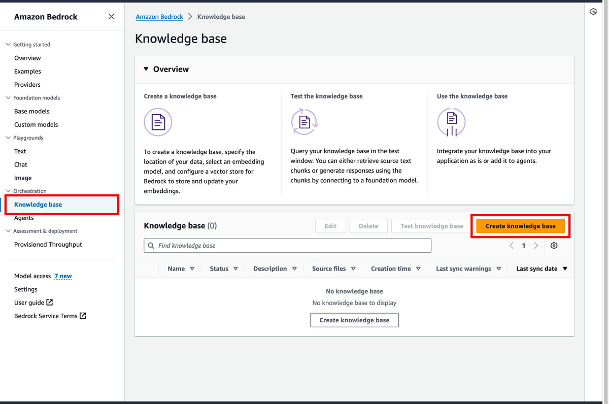 メニューで Knowledge base を選択し、Create Knowledge base ボタンを押下