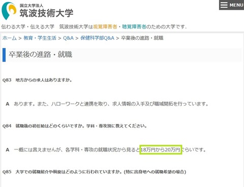 筑波技術大学卒業生の初任給