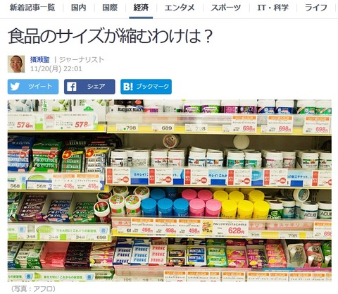 食品のサイズが縮む現象の記事