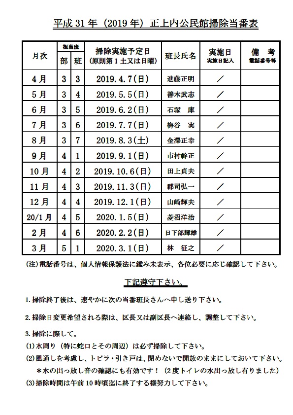 平成31年度公民館掃除当番表 茨城県石岡市 正上内区会
