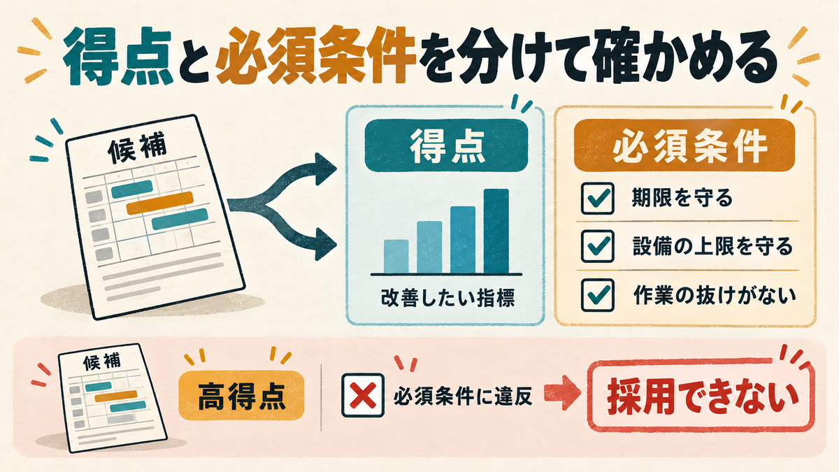 得点と必須条件を分けて確かめる。高得点でも、期限や設備の上限、作業の抜けなどの必須条件に違反する候補は採用できない