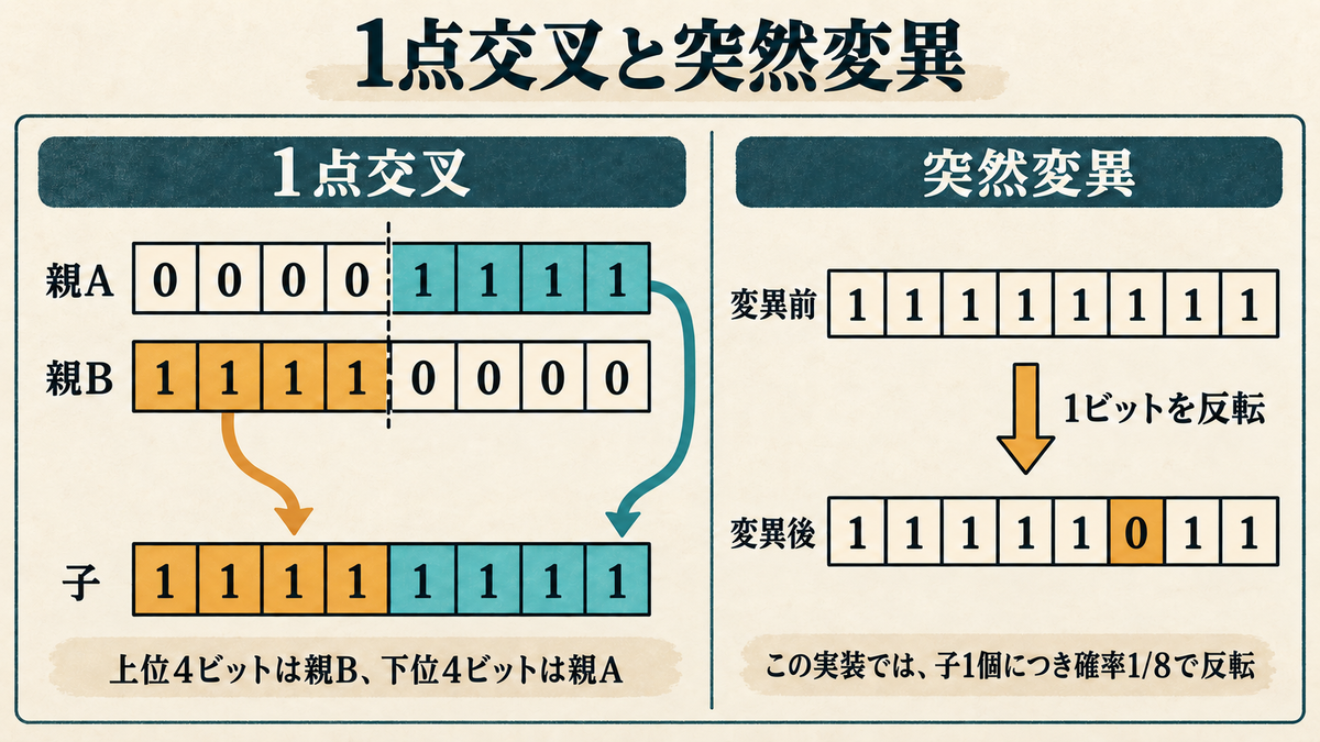 1点交叉と突然変異の例。親Bの上位4ビットと親Aの下位4ビットを合わせ、突然変異では1ビットを反転する