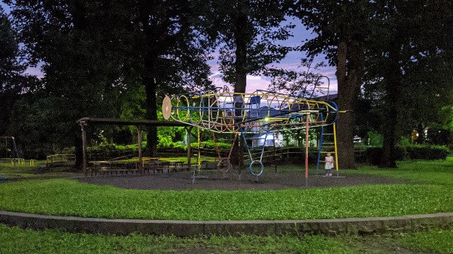 夜の公園に子供が一人いる写真