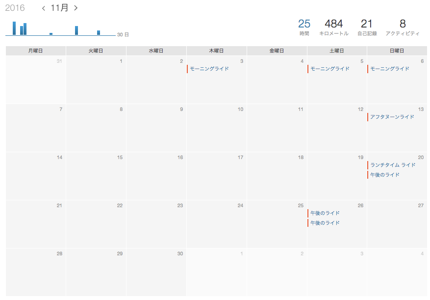 Strava 11月のトレーニングカレンダー