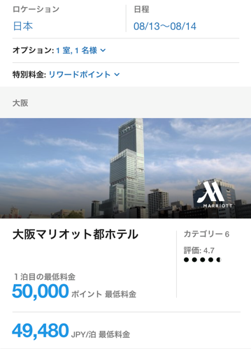 マリオットグループの50,000ポイントで宿泊できるホテル