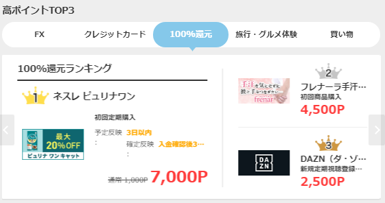 モッピーの100%還元案件トップ3