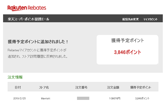 楽天リーベイツ経由でマリオットホテル宿泊予約してもらった楽天ポイント