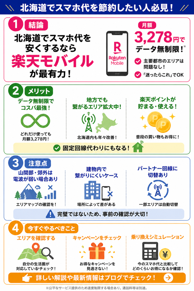 北海道でスマホ料金を節約するなら楽天モバイルが有力。月額3,278円でデータ無制限が使える一方、山間部では電波が弱いなどの注意点も解説したインフォグラフィック。