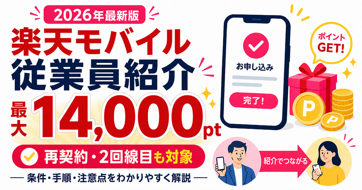楽天モバイル従業員紹介キャンペーンの最大14,000ポイント還元や再契約・2回線目対象、申し込み条件を初心者向けに整理した画像