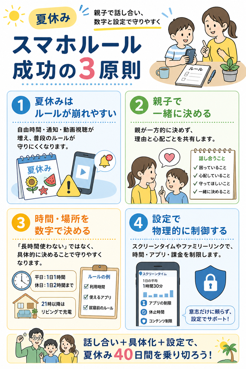 夏休みの子供スマホルールを機能させるために、親子で話し合う、時間と場所を数字で決める、スクリーンタイムやファミリーリンクで制御する3原則を整理した図解