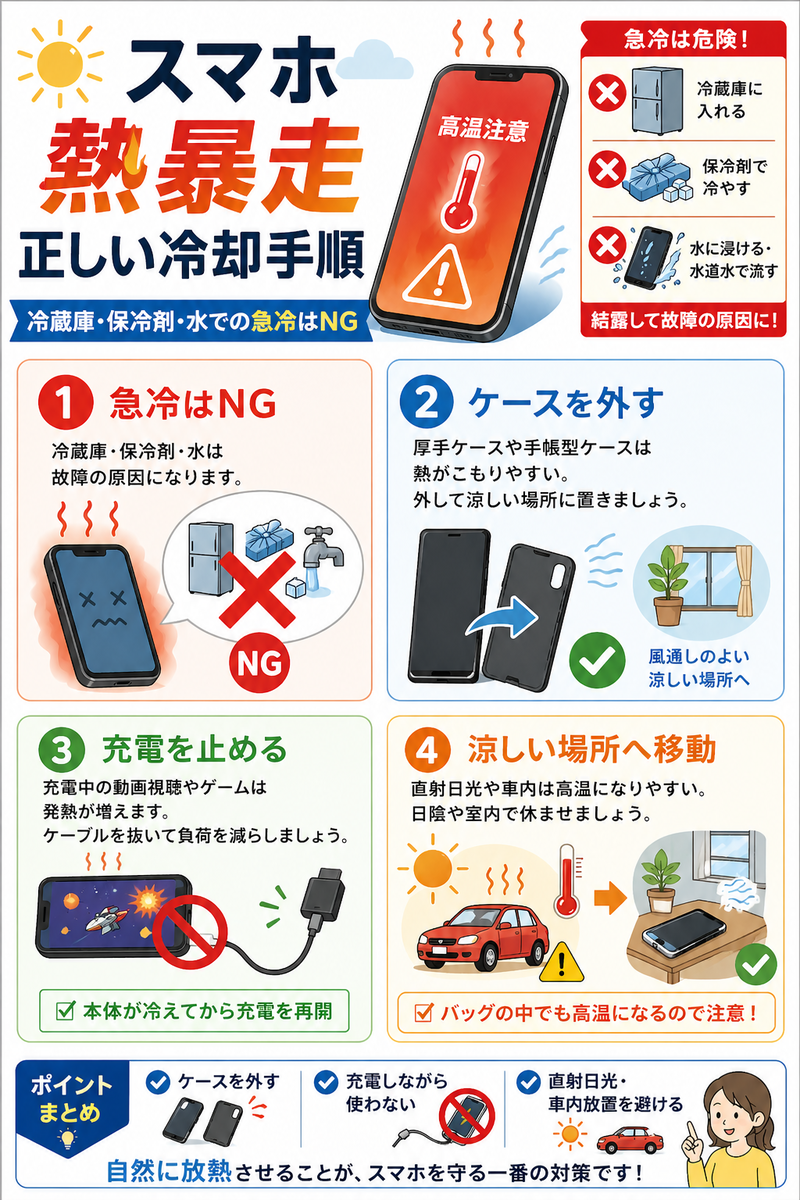 スマホが熱暴走したときの正しい冷却手順として、使用停止、ケースを外す、涼しい場所で休ませる、充電停止、バックグラウンドアプリ終了を整理した図解