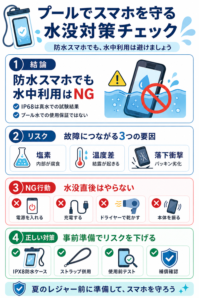 プールでスマホを使う際の水没対策をまとめた図解。防水スマホでも水中利用は避けるべき理由として、塩素、温度差、落下衝撃による故障リスクを示し、水没時のNG行動と防水ケース・ストラップ・補償確認の重要性を説明している。