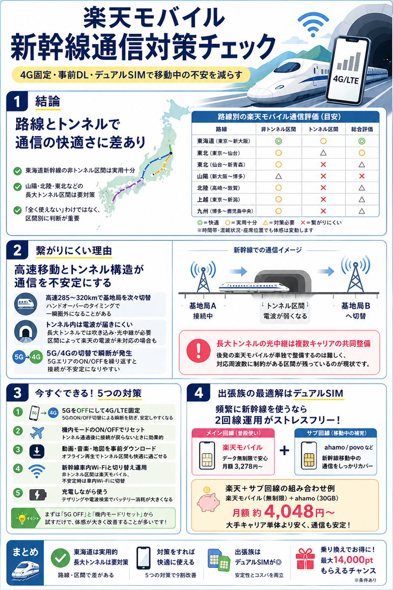 楽天モバイルを新幹線で使う際の通信対策をまとめた図解。東海道新幹線は実用的だが、山陽・北陸・東北などの長大トンネル区間では繋がりにくい場合があり、5G OFF、機内モードリセット、事前ダウンロード、車内Wi-Fi、デュアルSIM併用が有効であることを説明している。