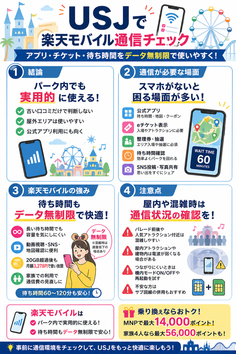 USJで楽天モバイルを使う前に確認したい通信ポイントをまとめた図解。公式アプリ、eチケット、整理券、待ち時間確認、SNS投稿にスマホ通信が必要で、待ち時間には楽天モバイルのデータ無制限が役立つ一方、屋内や混雑時は通信状況の確認が必要であることを説明している。