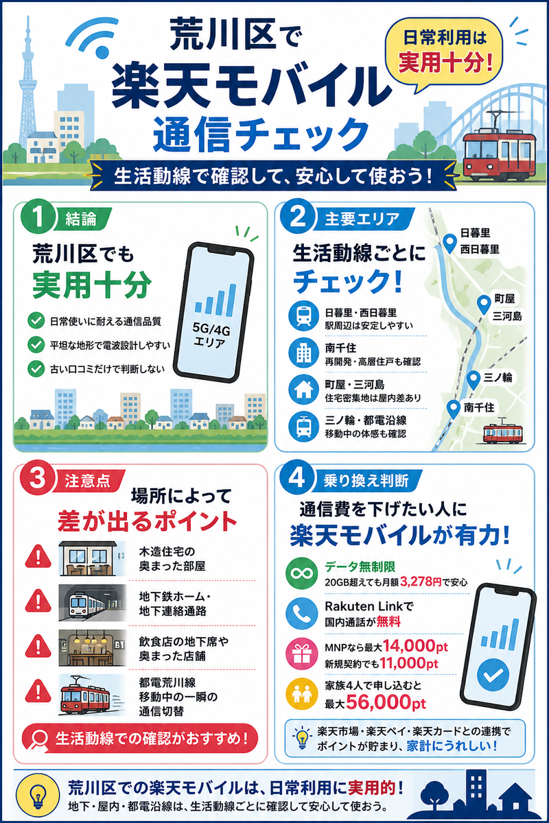 荒川区で楽天モバイルを使う前に確認したい通信ポイントをまとめた図解。日暮里・西日暮里・南千住・町屋・三河島などでは日常利用に実用十分である一方、地下鉄ホーム、地下連絡通路、奥まった屋内、都電荒川線沿線では生活動線ごとの確認が必要であることを説明している。