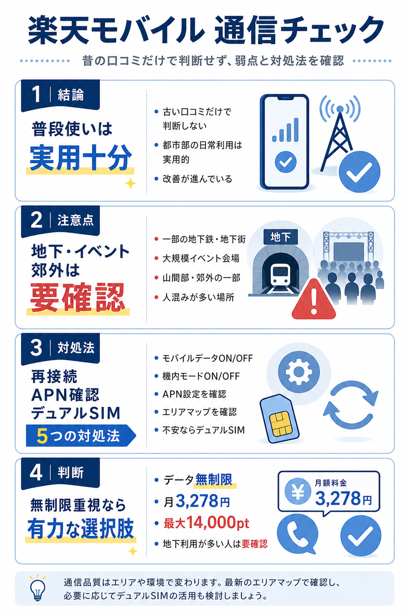楽天モバイルは本当に繋がらないのかを整理した図解。普段使いでは実用十分である一方、地下・大規模イベント・郊外では注意が必要で、モバイルデータ再接続、機内モード、APN確認、エリアマップ確認、デュアルSIM運用などの対処法を説明している。